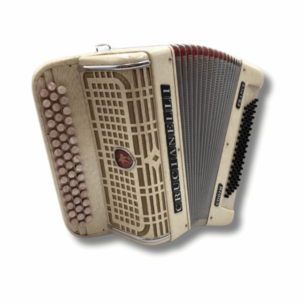 Illustration : Accordéon Crucianelli 3 rangs 80 basses blanc pailleté